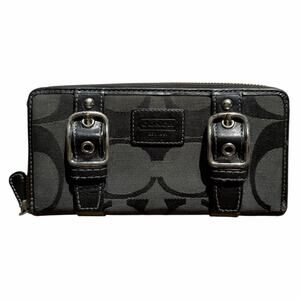 COACH Zoe Signature Jacquard Buckle Wallet Black Leather Canvas